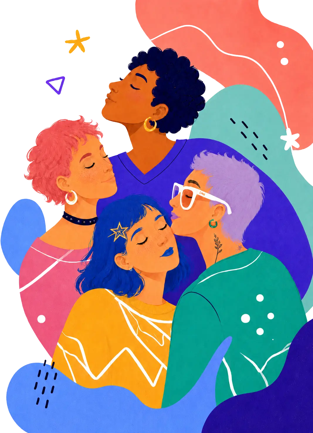 Illustration : un groupe de personnes enlacées, aux styles et identités multiples.