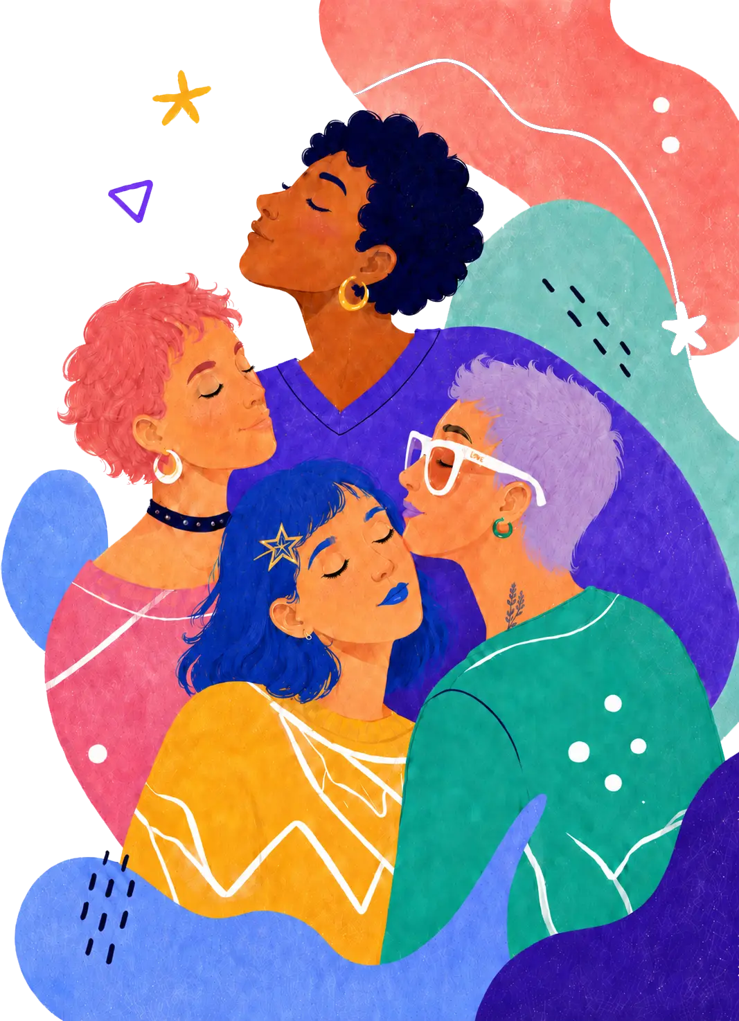 Illustration : un groupe de personnes enlacées, aux styles et identités multiples.